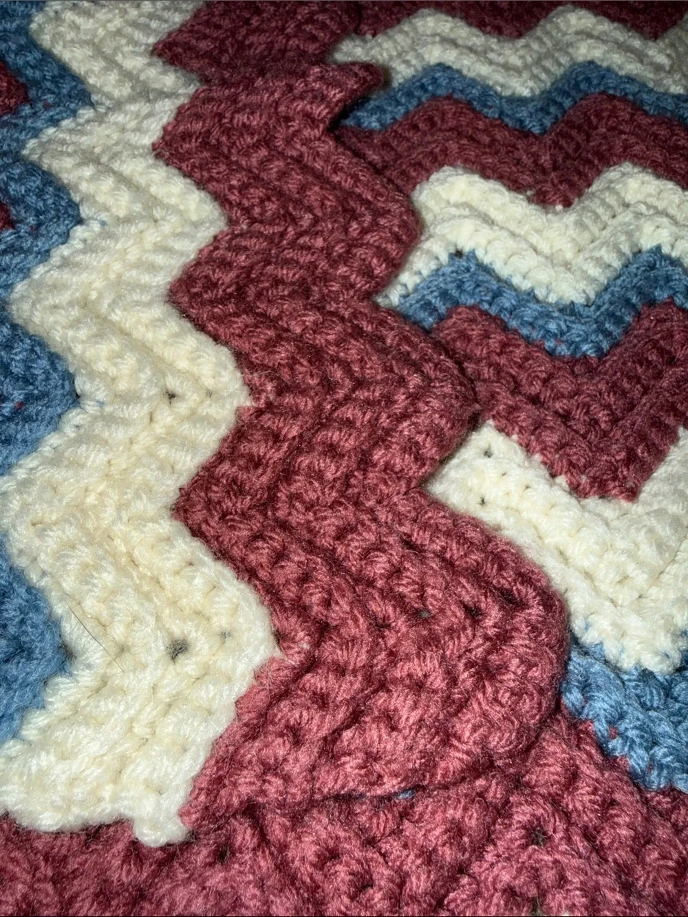 Handmade Chevron Crochet Throw - Cream, Dusty Blue & Burgundy